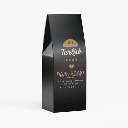 Twelfth Hour Molten Caramel dark roast whole bean coffee bag