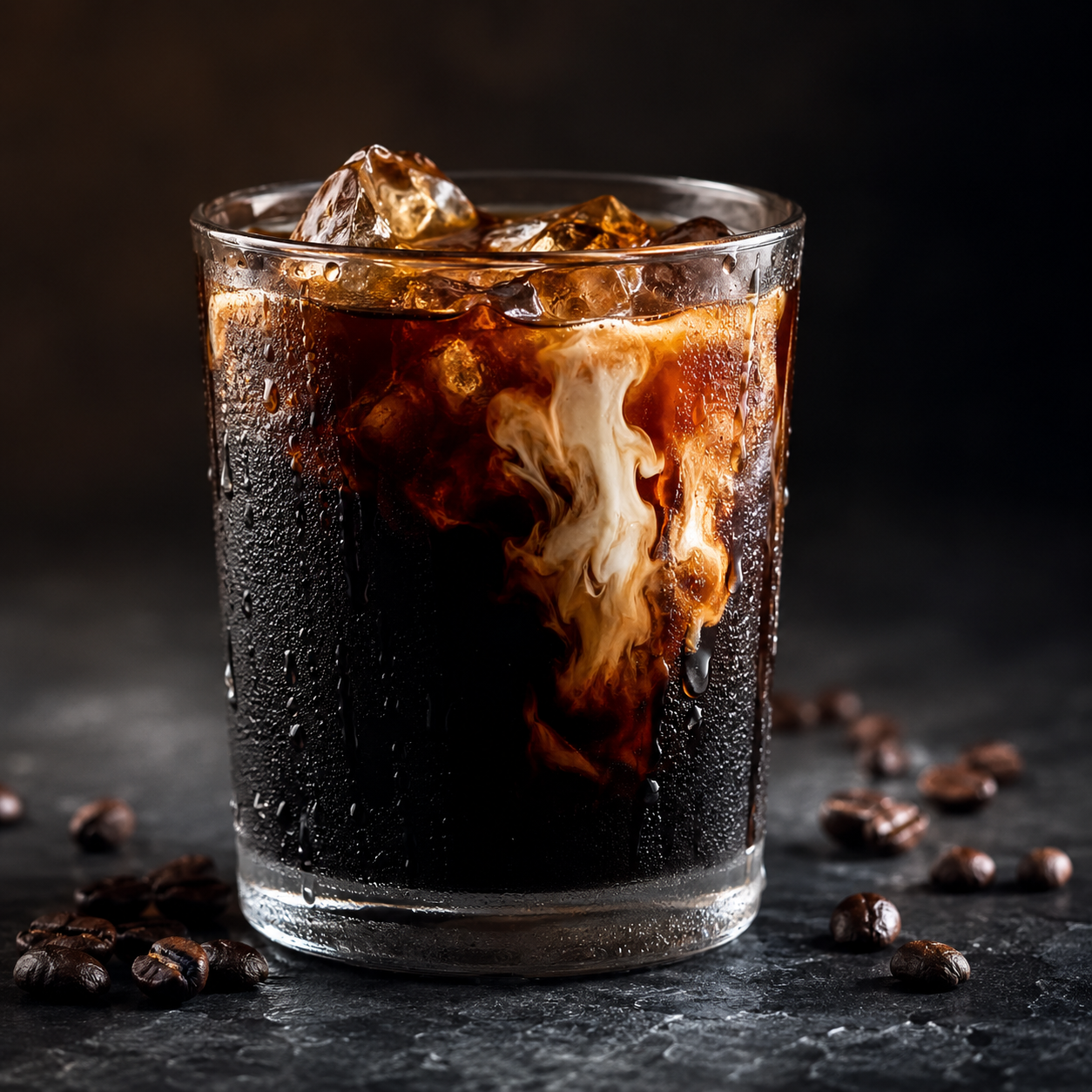 Cold brew coffee over ice with cream swirl