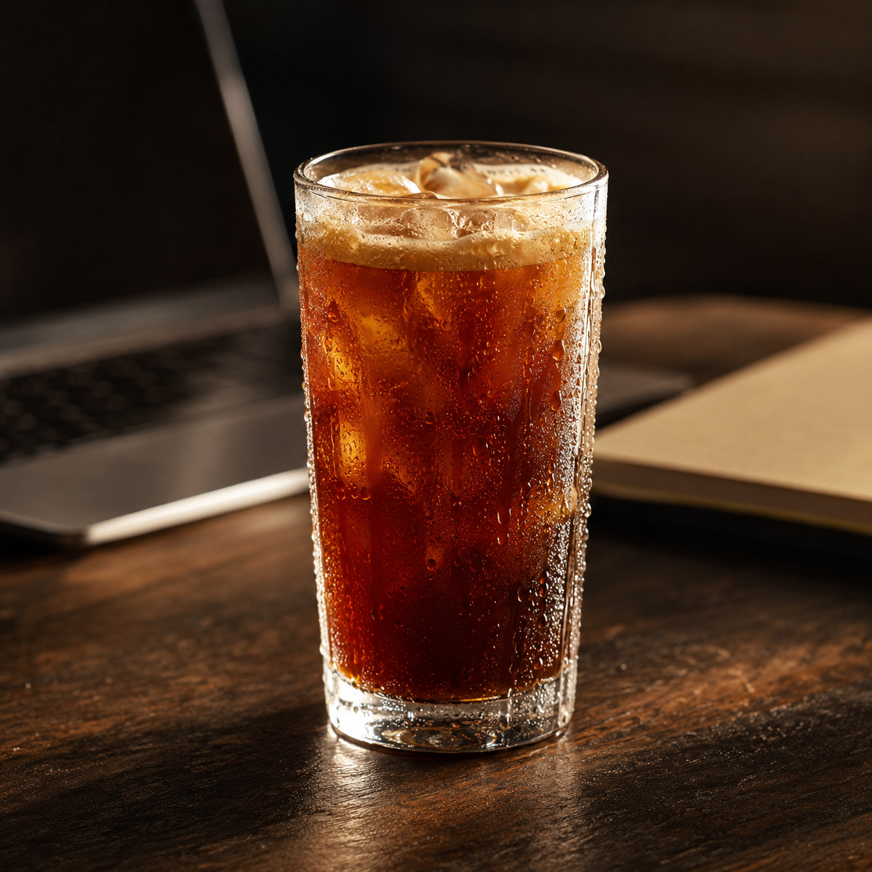 Iced coffee at a work desk in afternoon light