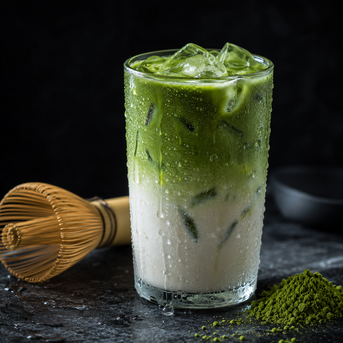 Iced matcha latte with bamboo whisk and matcha powder