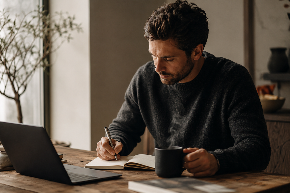Focused professional at desk with Twelfth Hour coffee